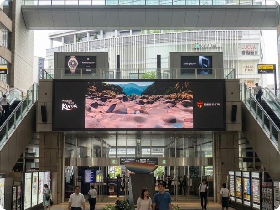 Korea Tourism LED screen above a train station entrance, reaching daily commuters
