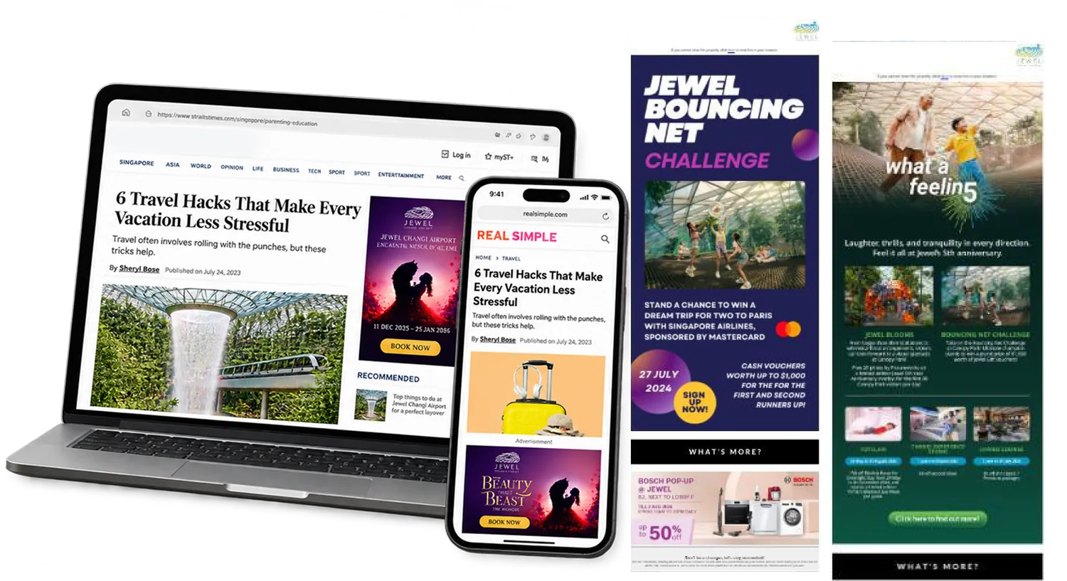 eDM and e-magazine advertising shown on a laptop, smartphone and email layouts